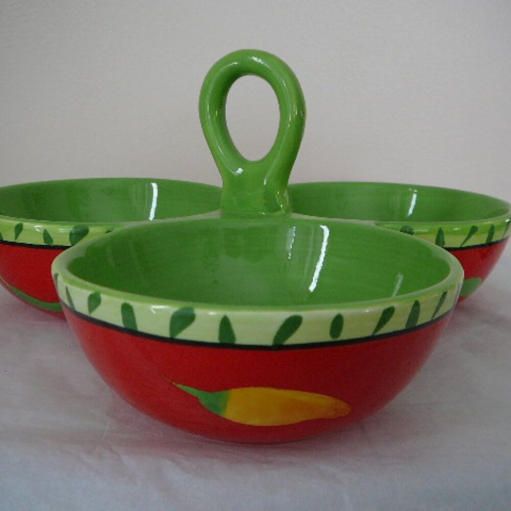 2005 Jacqueline Addison 3 Bowl Salsa, Guacamole & Sour Cream Mexican Server